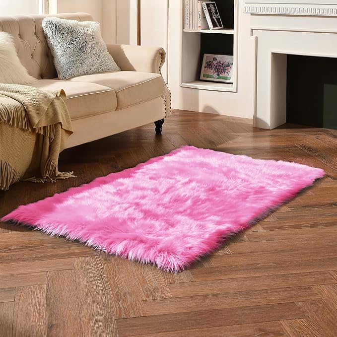 duduta Hot Pink Faux Fur Rug 3x5 ft, Fluffy Shag Rectangular Sheepskin Rug - Image 5