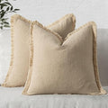 MIULEE Boho Linen Fringe Decorative Euro Throw Pillow Covers Beige 24x24 | Set by MIULEE