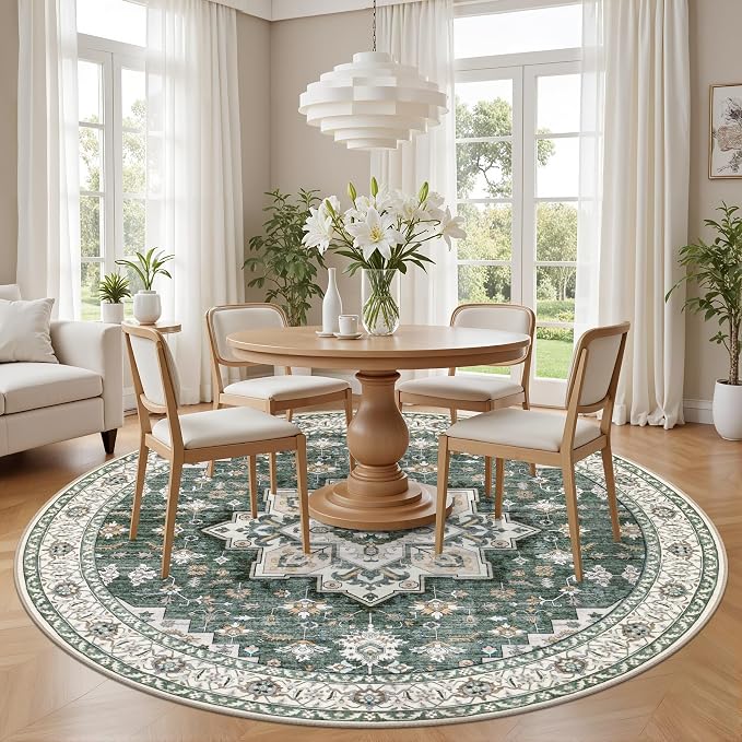 Round Area Rug for Living Room: 6ft Boho Washable Rug Green Ivory | Vintage - Image 3
