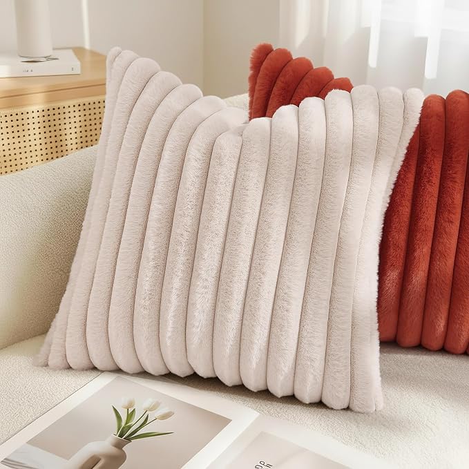 decorUhome Fall Faux Fur Throw Pillow Covers 26x26 Set of 2 Beige | Decorative - Image 4
