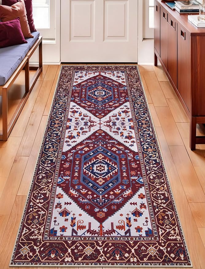 SERISSA Boho Washable Runner Rug, 2x6 Rug Runner Non-Slip Vintage Burgundy Navy - Image 5