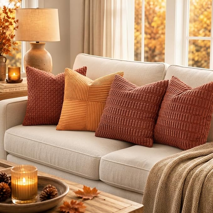MIULEE Fall Corduroy Decorative Throw Pillow Covers 16x16 Rust Pack of 2 | - Image 3