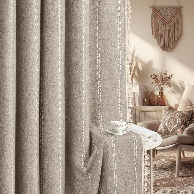 Boho Blackout Curtains 90 Inches Long Brown Linen Blend 2 Panels - Image 8