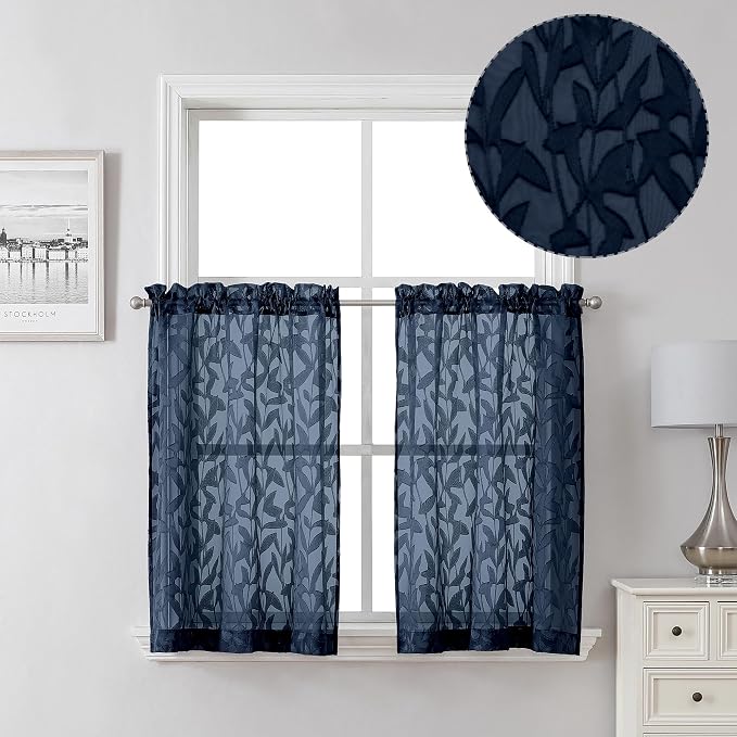 Lecloud Leia 2 PCS Navy Blue Kitchen Curtains 36 Inch Length, Lightweight Clip by Lecloud