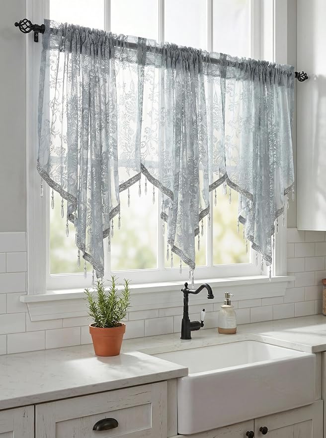 Molaxhome Swag Curtain 51 inch Length Rod Pocket Scalloped Curtain Valance - Image 4