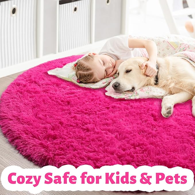 Hot Pink Round Rugs 5Ft for Girls Bedroom, Fluffy Circle Area Rug for Kids Room - Image 5