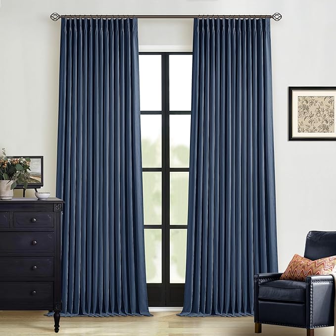 Indigo Navy Pleated Linen Blackout Curtains 90 Inches Long by Twodrapes