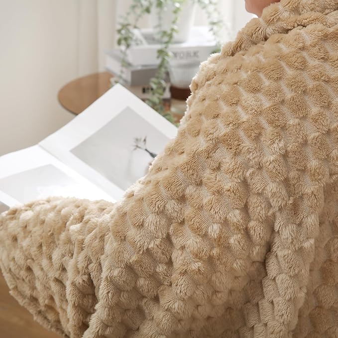 Puncuntex Beige Throw Blanket 108"×90" inches Fuzzy 3D Jacquard Decorative - Image 3