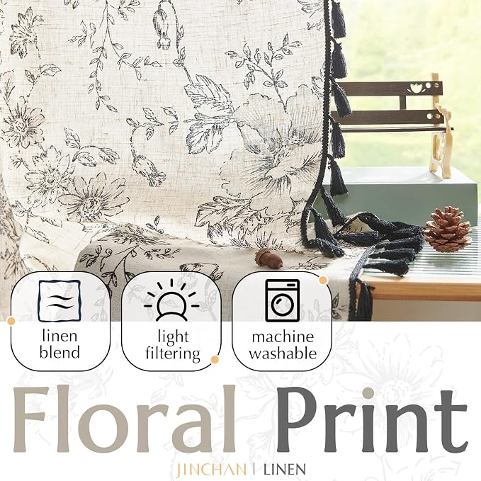 jinchan Linen Blend Curtain Floral Curtains - Image 2