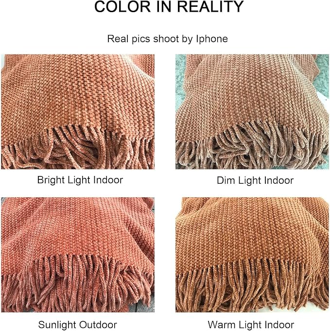 lifein Throw Blanket for Couch, Soft Boho Bed Throw, Cozy Burnt Orange Chenille - Image 6