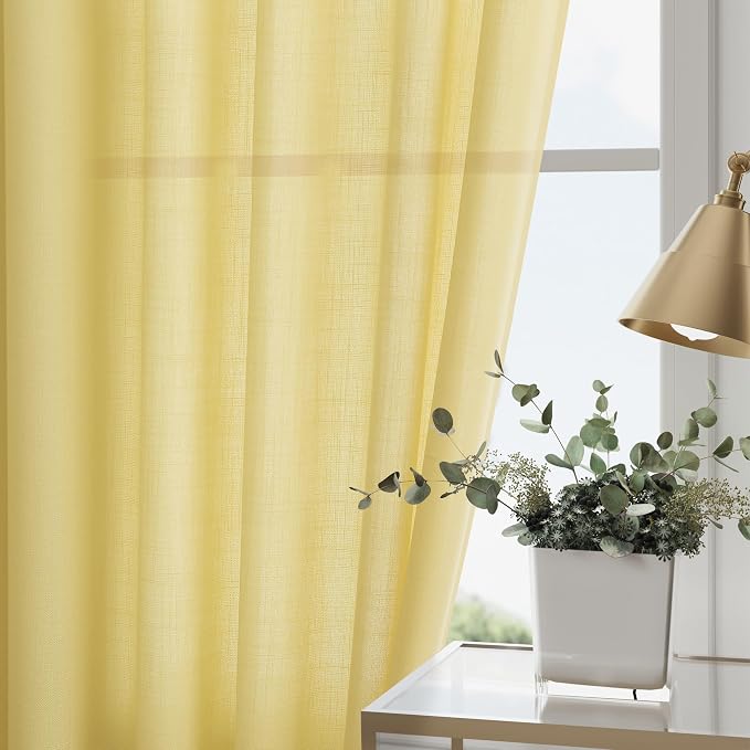 Yellow Linen Textured 96 Inch Curtains 2 Panel Set Back Tab Rod Pocket Sheer - Image 2