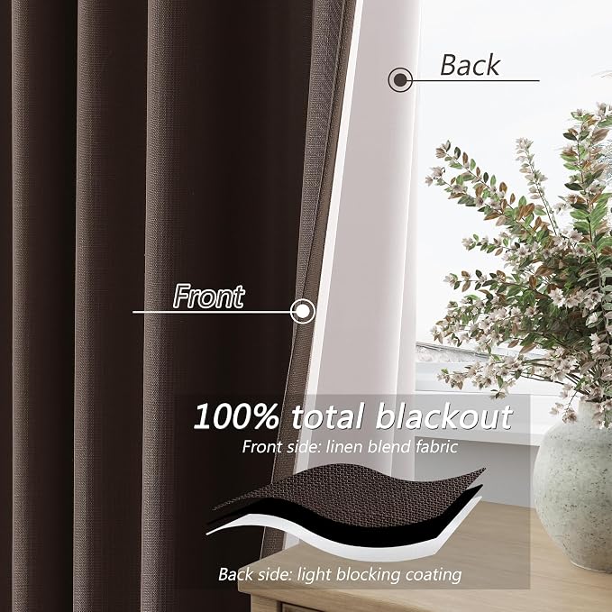 Guken Brown 100% Blackout Curtains 63 Inch Length 2 Panels Set - Image 3