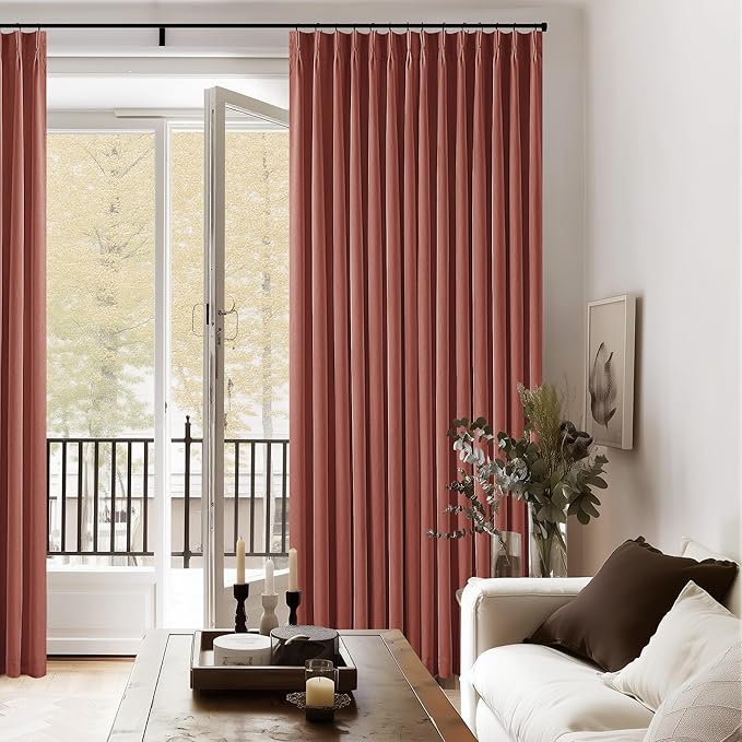 Terracotta Pinch Pleat 100% Blackout Linen Bedroom Curtains 96 Inch Length | by Twodrapes