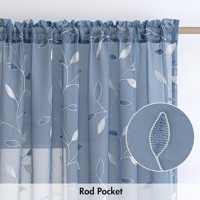 MIULEE Dusty Blue Sheer Curtains 2 Panels Embroidered Leaf Patterned Rod Pocket - Image 6