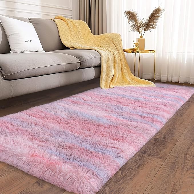 Soft Runner Rugs for Bedroom Hallways, 2x5 Abstract Pink Fluffy Shag Throw Area - Image 2