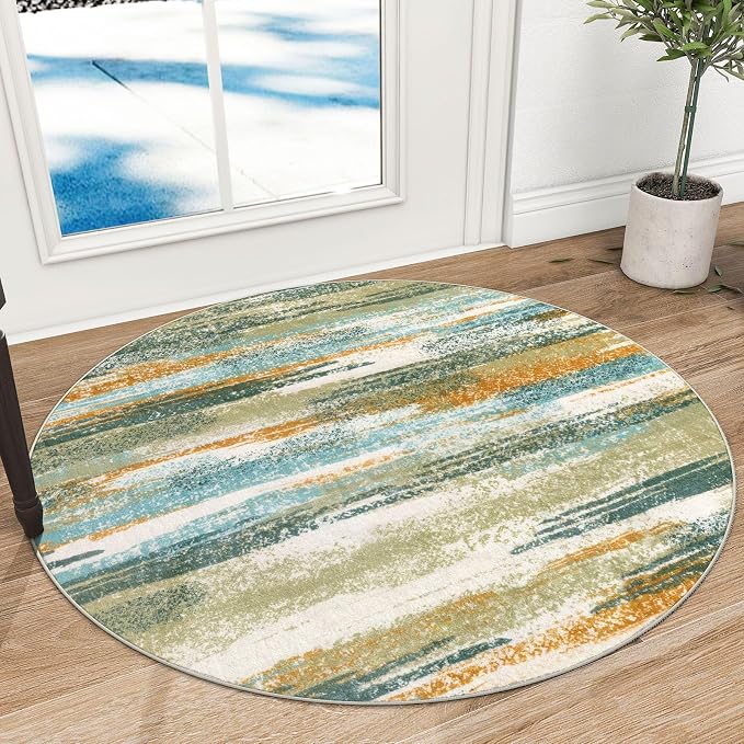 Lansny Modern Abstract Round Rug 3Ft, Circular Entryway Rug Thin Print Faux by lansny