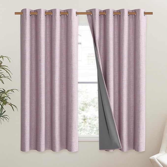 NICETOWN Pink Vintage Linen 100% Blackout Curtains - Image 2