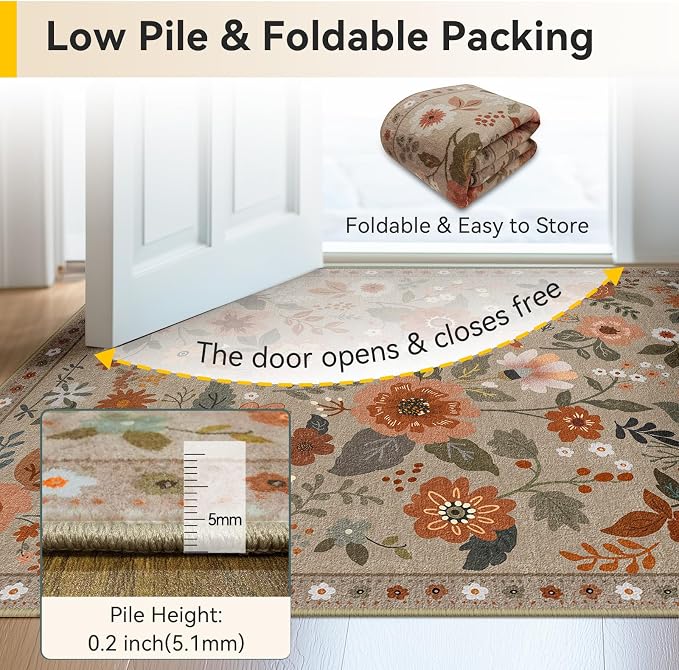 RELEANY Floral Washable 5x7 Area Rugs Brown/Brick | Flower Carpet Print Boho - Image 5