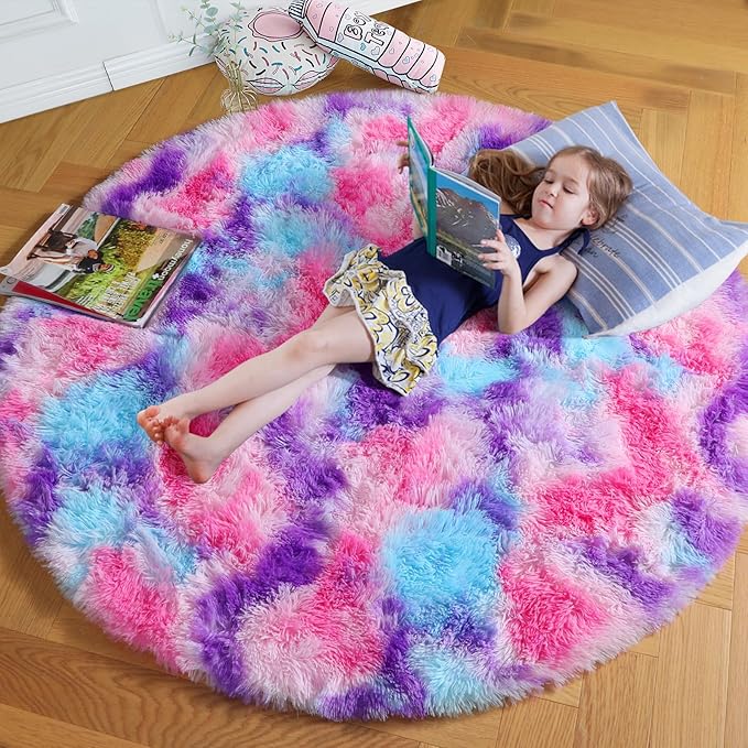 Amdrebio Hot Pink Rainbow Round Circle Area Rug 4Ft by Amdrebio