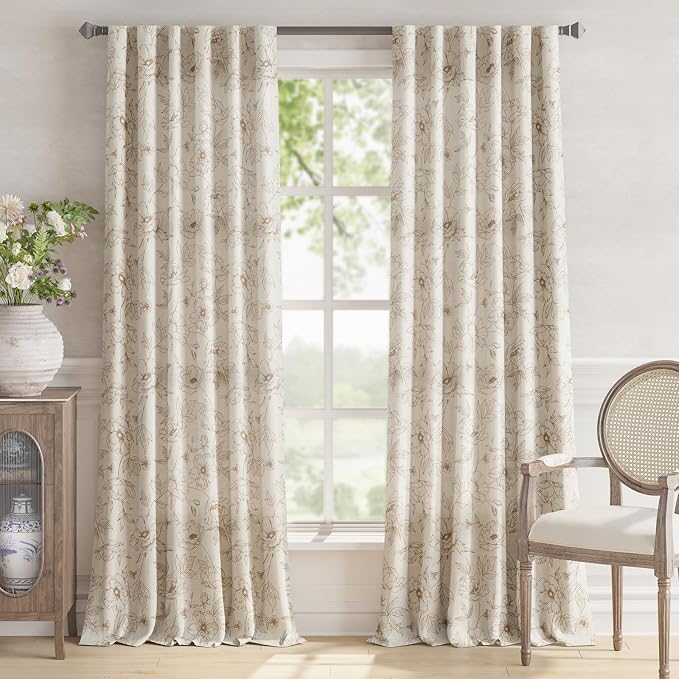 jinchan Floral Linen Curtains for Living Room 96 Inch Length Taupe Flower - Image 2