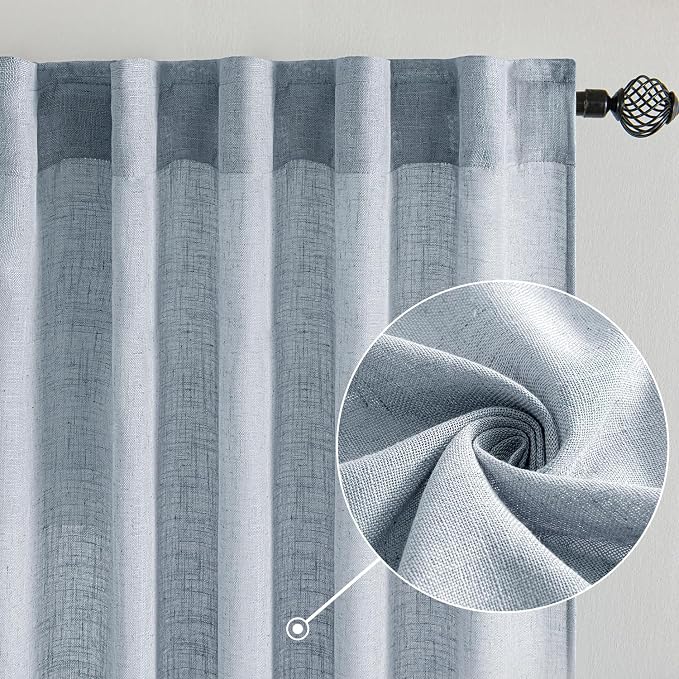 MIULEE Chambray Blue Linen Curtains 84 Inch Length 2 Panels - Image 2