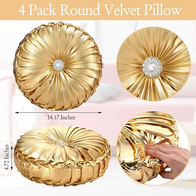 Kathfly Set of 4 Decorative Round Pleated Throw Pillows, Classy Velvet Pumpkin - Image 2