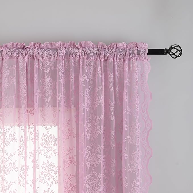 YJ YANJUN Vintage Lace Curtains 63 Inch Length-Victorian Floral Pattern Lilac - Image 2