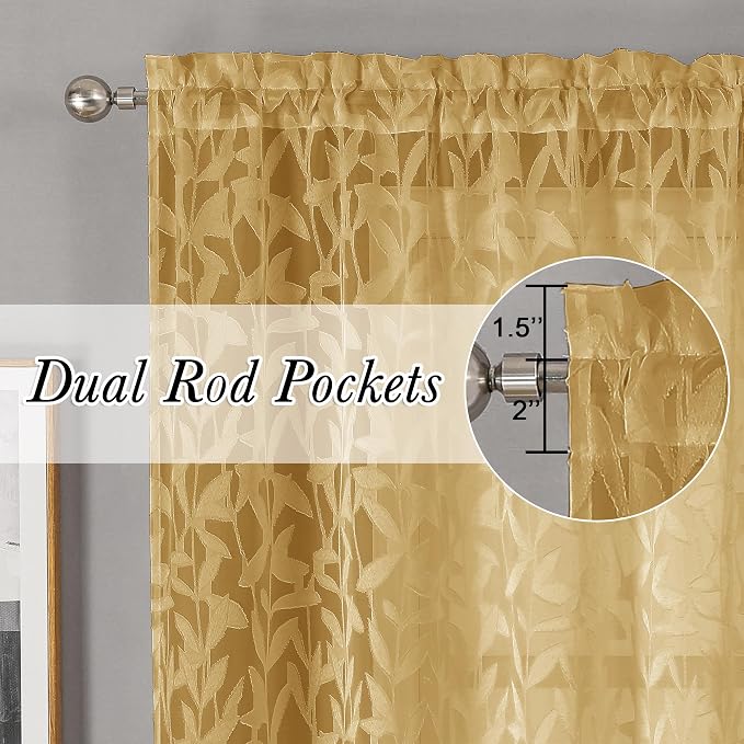 Lecloud Leia Dark Gold Sheer Curtains 90 Inches Long 2 Panels, Textured French - Image 2