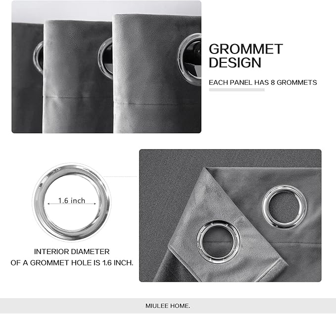 MIULEE 2 Panels Velvet Curtains Solid Soft Grommet Grey Curtains Blackout - Image 2