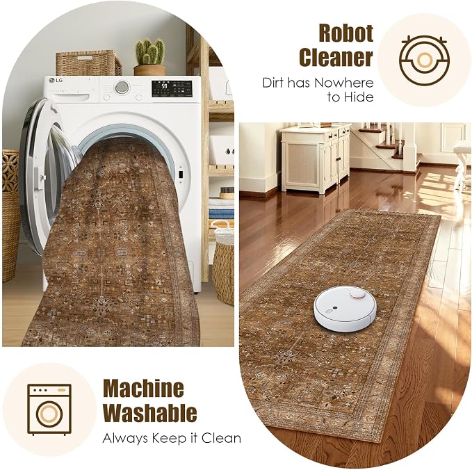 Washable Area Rug 2'6'' x 8' Vintage Traditional Persian Mat - Image 7