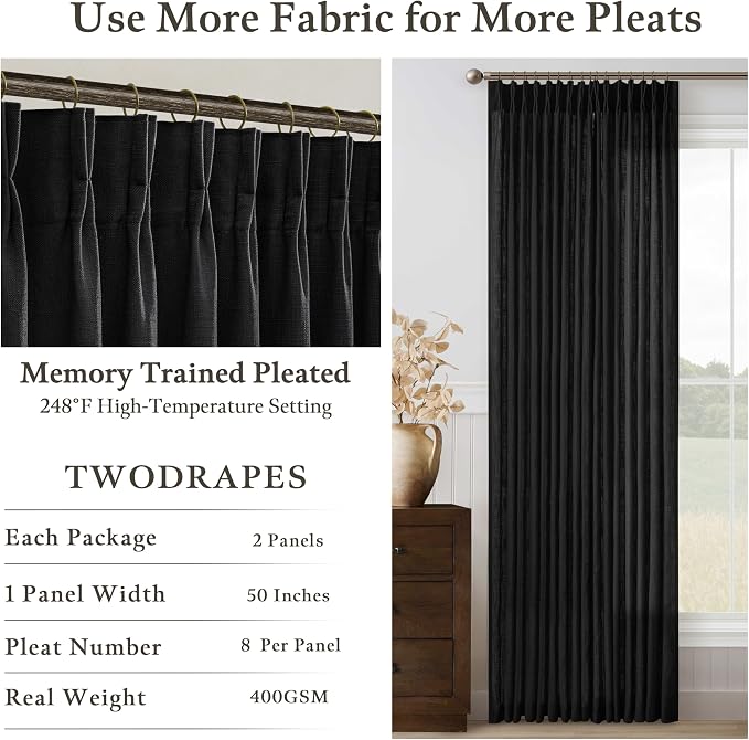 Black Linen Pleat Light Filtering Memory Shape Train Curtains 84 Inch Long | - Image 4