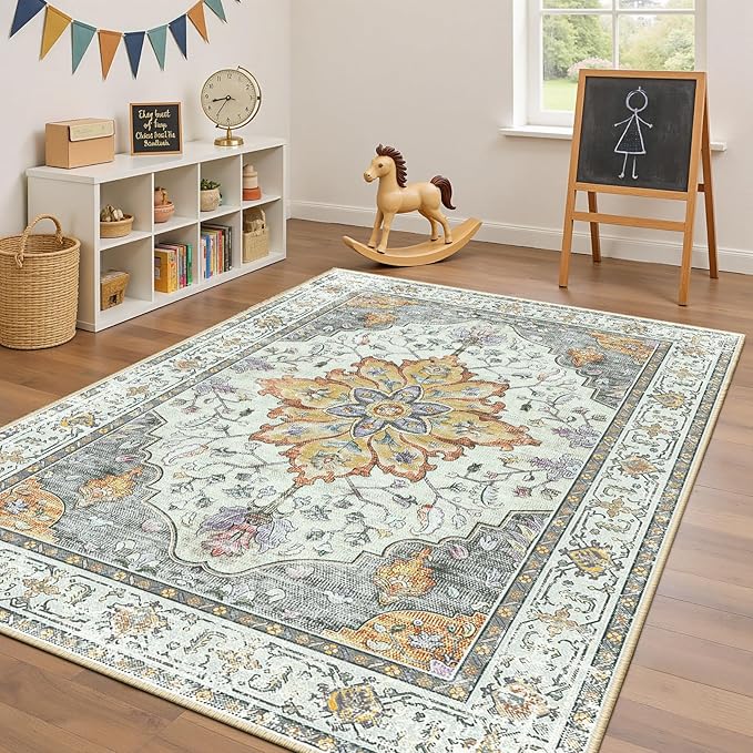 Area Rugs 4'x6' Washable Non-Slip, Floral Vintage Distress Print Pattern - Image 3