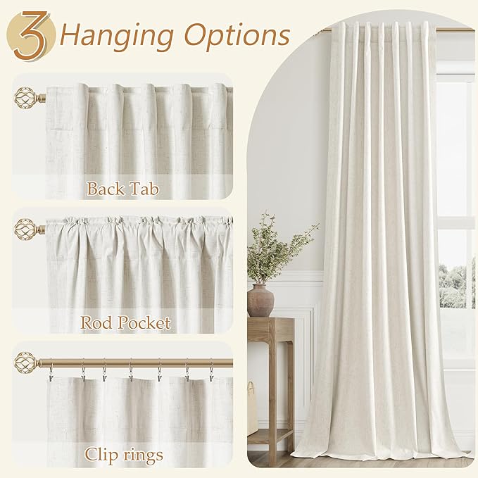 Cream 100% Blackout Linen Curtains 120 Inch Length 2 Panels Set - Image 6