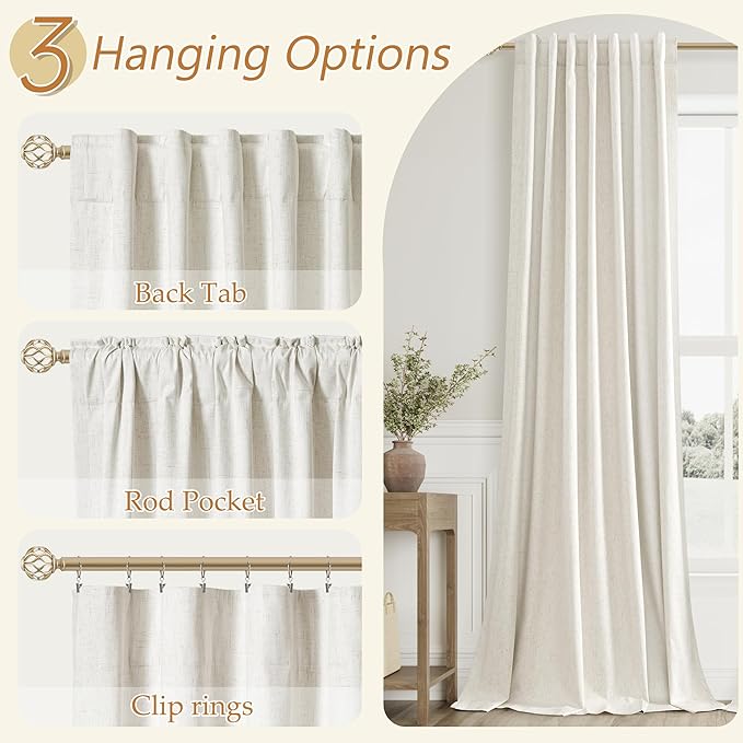 Guken Cream 100% Blackout Linen Curtains 96 Inch Length 2 Panels Set - Image 5