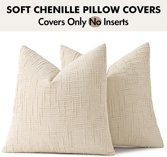 MIULEE Chenille Textured Throw Pillow Covers Beige 20x20 Set of 2 | Slubby - Image 8
