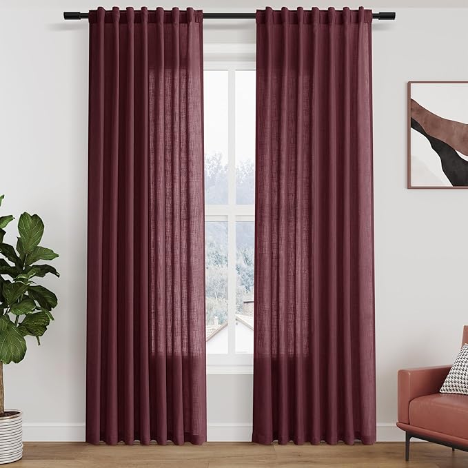 Nanspring Burgundy Linen Curtains 84 Inch Length 2 Panels Set by Nanspring
