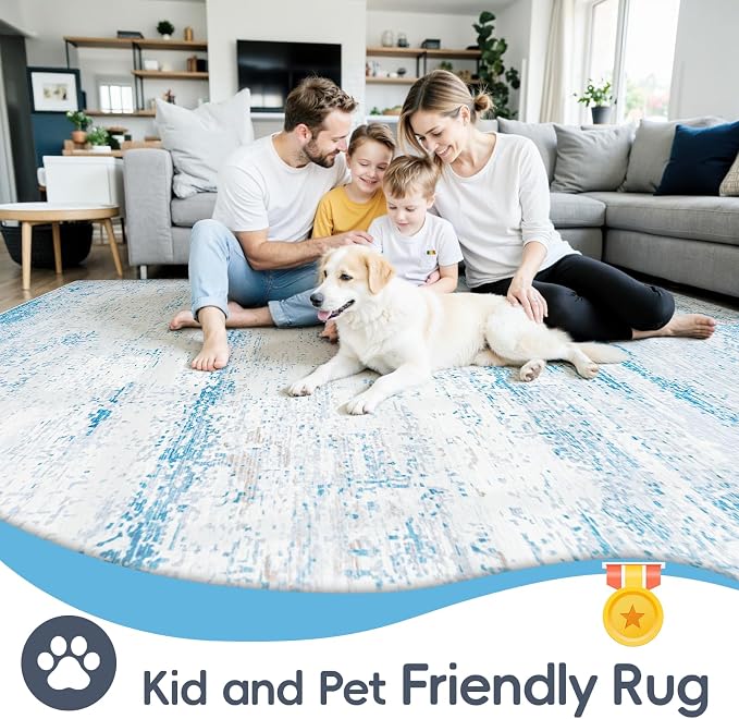5x7 Washable Area Rug for Living Room Bedroom: Non-Slip Modern Light Blue | - Image 4