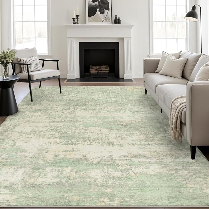5x7 Area Rug Living Room: Modern Washable Soft Carpet Green Cream | - Image 2