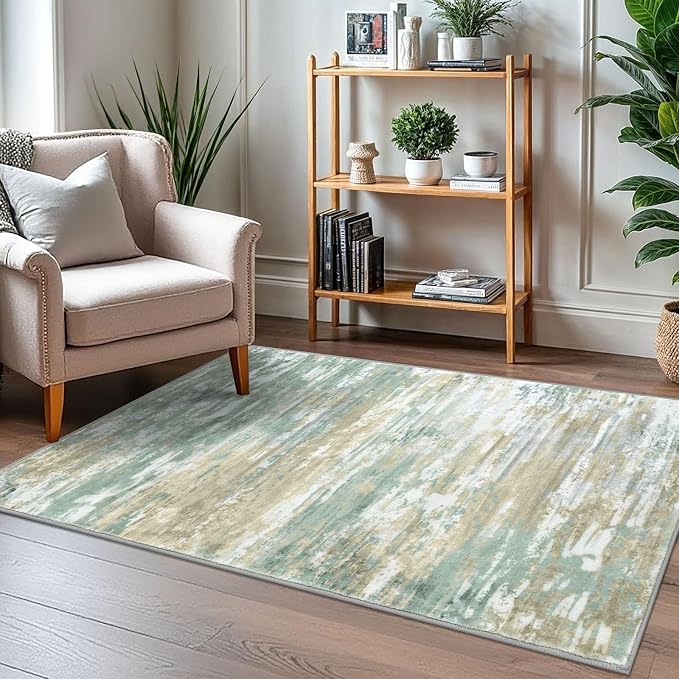 KOZYFLY Modern Abstract 3x5 Area Rug Washable Bedroom Rug Light Green Yellow - Image 7