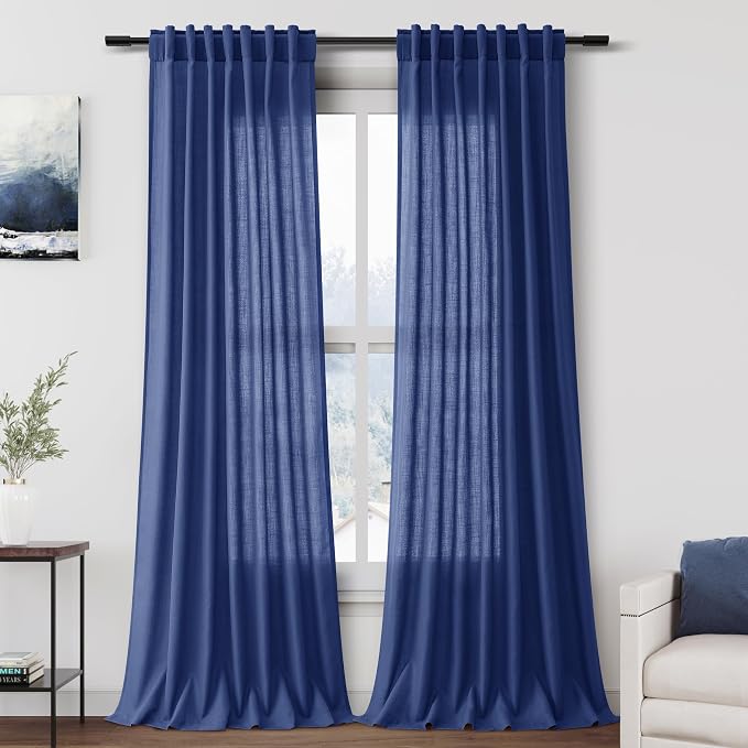 Classic Blue Linen Curtains 90 Inch Long 2 Panels Set by Nanspring