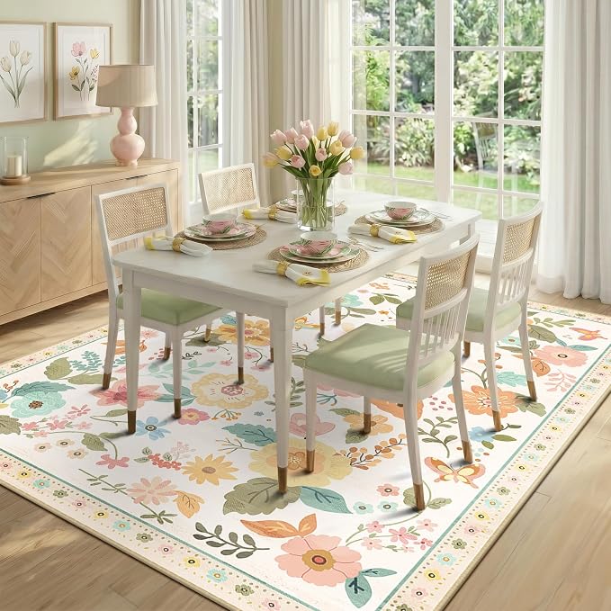 RELEANY Floral Washable 8x10 Area Rugs Beige/White/Orange | Flower Carpet Print - Image 8