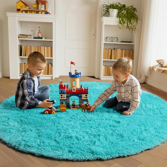 ONASAR Teal Blue Round Area Rug 4ft, Soft Fluffy Bedroom Bedside Floor Circle - Image 4