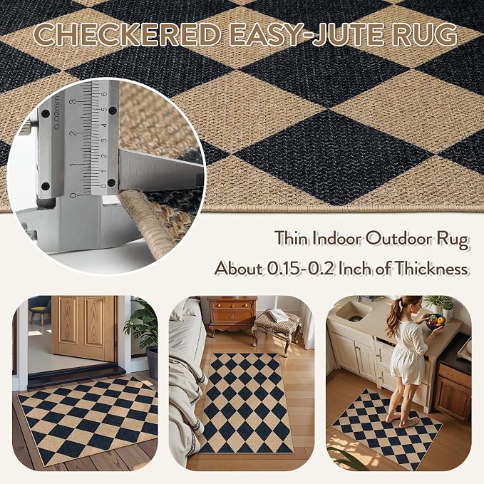 Lahome Colette Checkered Easy Jute Kitchen Rug, 2x3 Front Door Mat Non Slip - Image 5