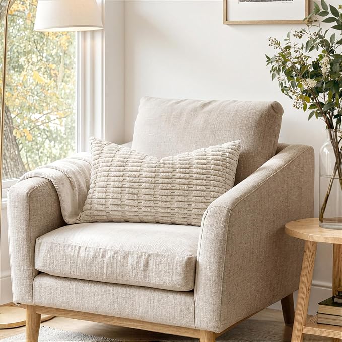 MIULEE Lumbar Corduroy Decorative Throw Pillow Covers 24x12 Cream White | Pack - Image 2