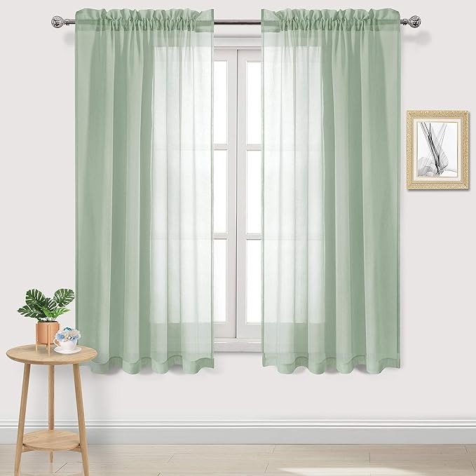 DWCN Bean Green Sheer Curtains Semi Transparent Voile Rod Pocket Curtains by DWCN