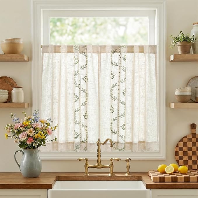 jinchan Belrose Linen Floral Kitchen Curtains 36 inch Length Embroidered by JINCHAN