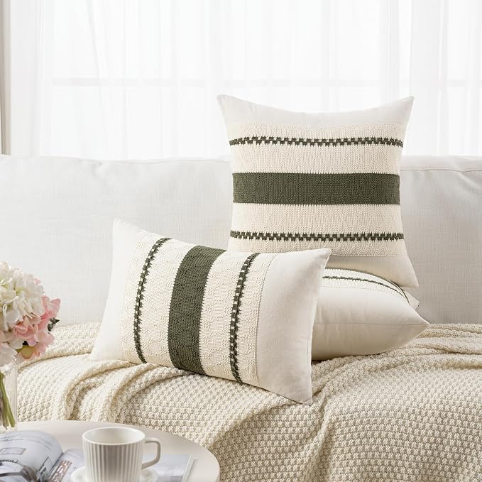 Fancy Homi Set of 1 Boho Olive Green Lumbar Decorative Throw Pillow Cover 12x20 - Image 5