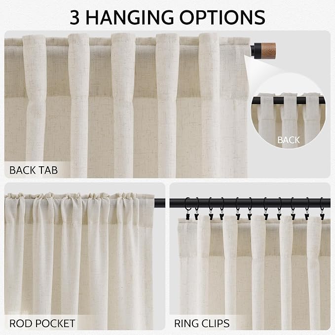 Warm Beige Linen Curtains 102 Inches Long Rod Pocket Back Tab Drapes 2 Panels - Image 2
