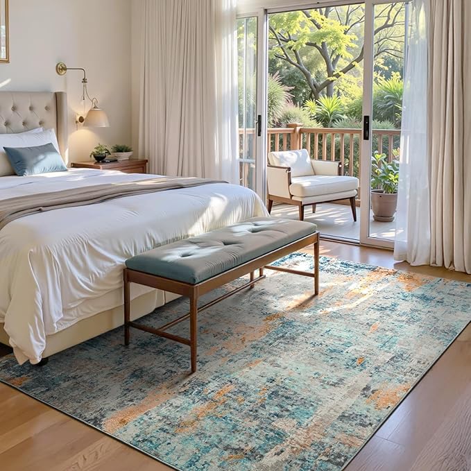 Area Rug 4x6 Blue Rug Washable Boho Rugs Non Slip Low Pile Abstract Small Carpet - Image 3