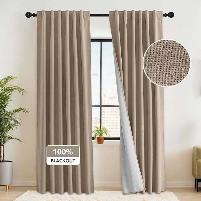 RYB HOME 100% Blackout Flax Linen Curtains, UV Protection Drapes by RYBHOME